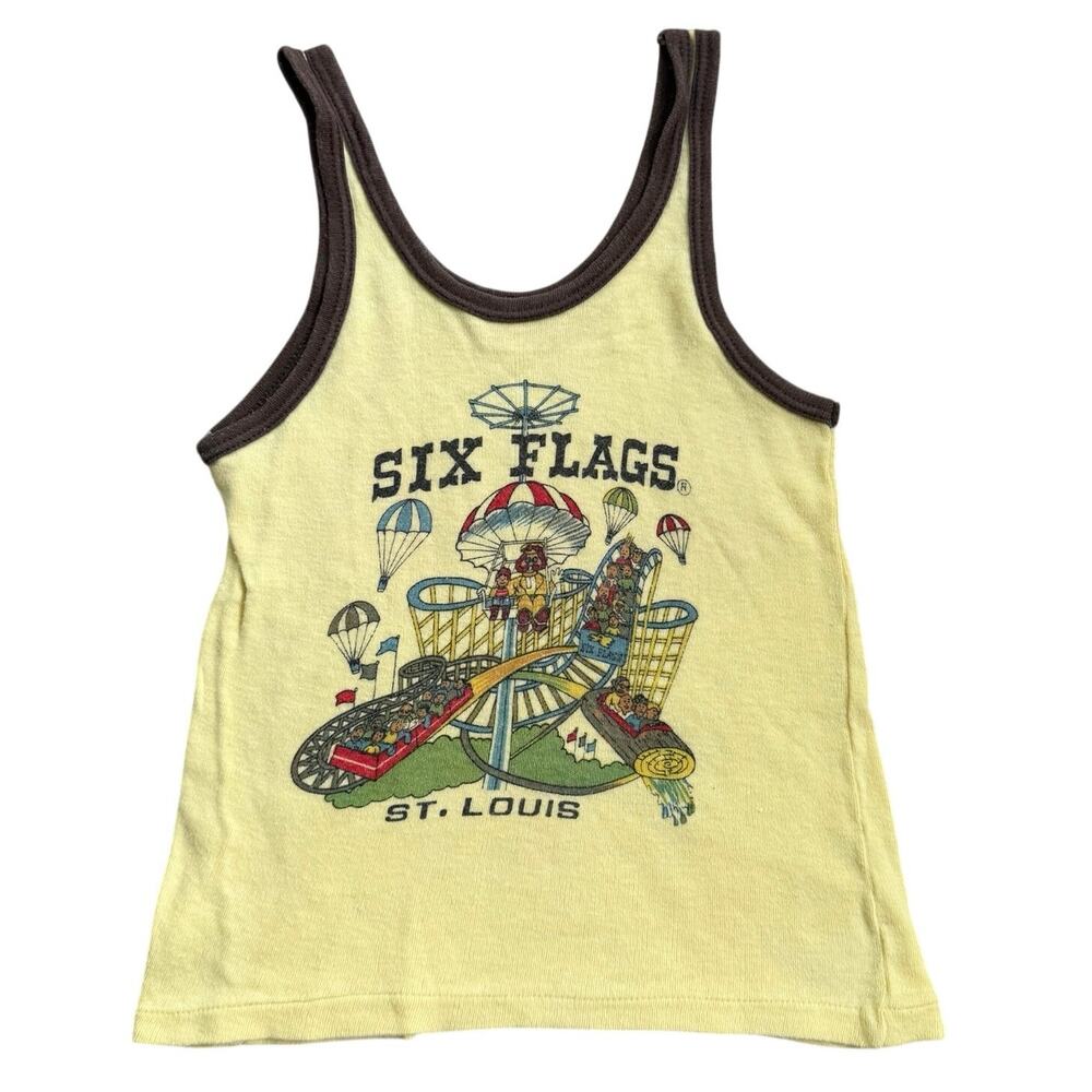 Vtg 1970s 1980s Six Flags St Louis Tank Top Yellow Brown Youth Size 10
